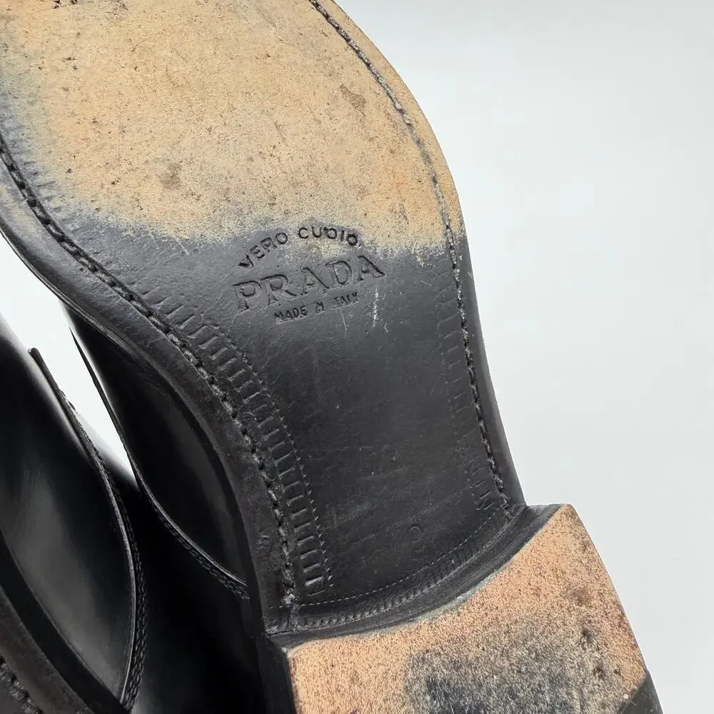 PRADA | Men’s Black Leather Derby Dress Shoes Square Toe Made in Italy 9